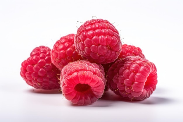 A pile of raspberries on a white surface