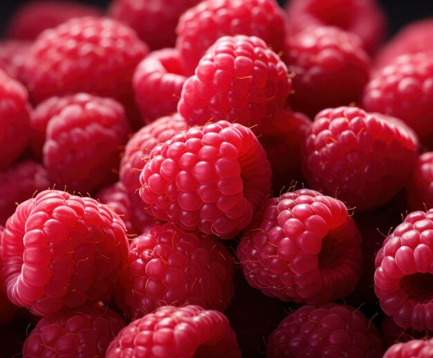 a pile of raspberries with a background