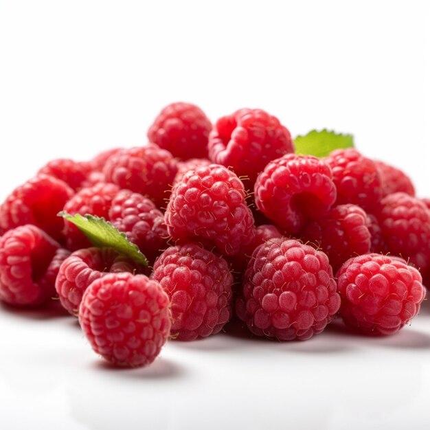 A pile of raspberries with a green leaf on the top.