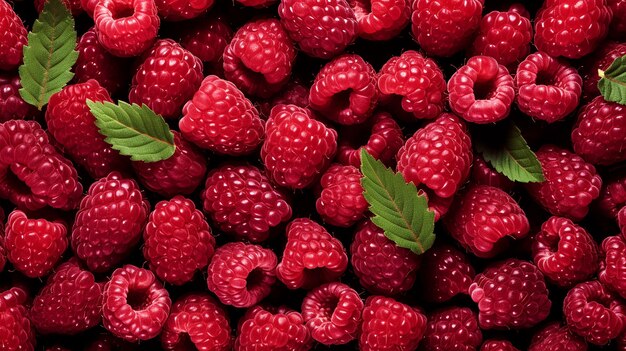 a pile of raspberries with leaves on them.