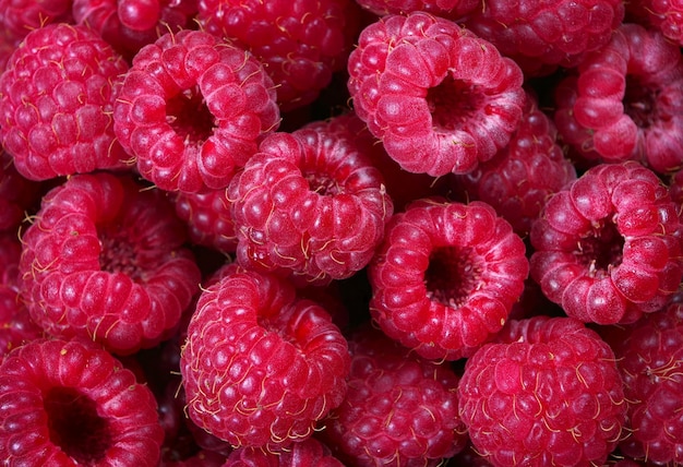 a pile of raspberries with a small circle in the middle.