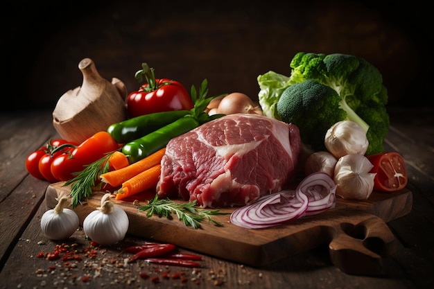 a pile of raw meat and vegetables on a wooden table