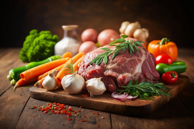 a pile of raw meat and vegetables on a wooden table