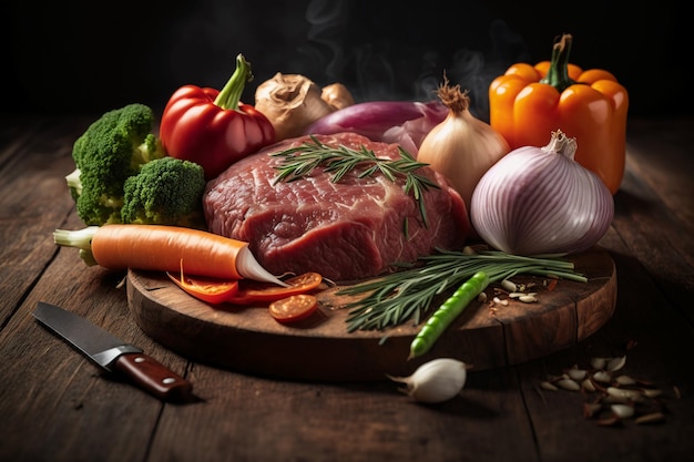 a pile of raw meat and vegetables on a wooden table