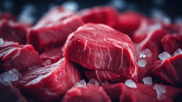 Photo a pile of raw meat with ice cubes on top ai