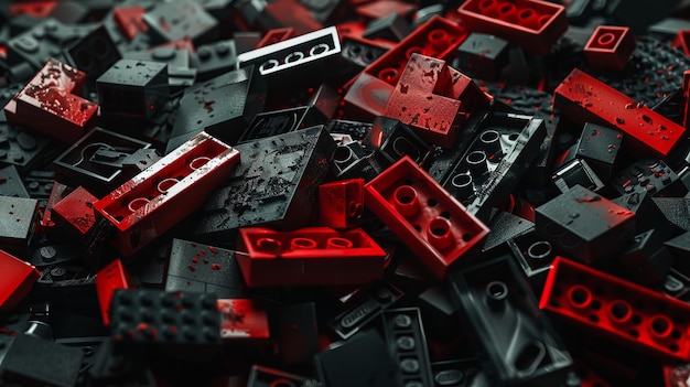 Photo a pile of red and black lego bricks