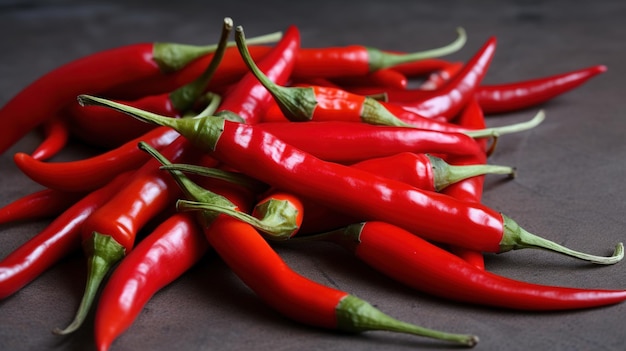 A pile of red chili peppers on a dark background