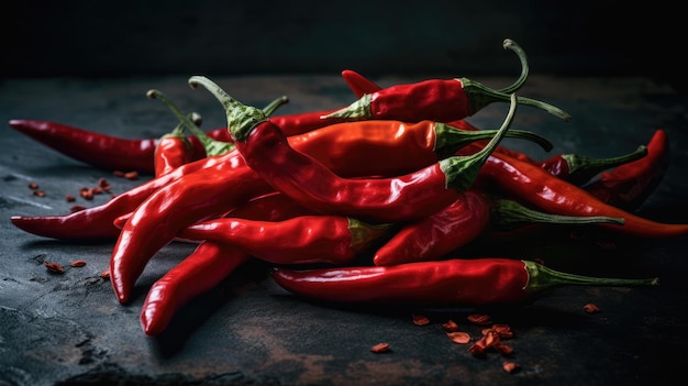 A pile of red chili peppers on a dark background