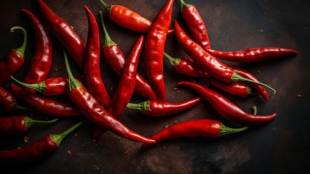 A pile of red chili peppers on a dark background