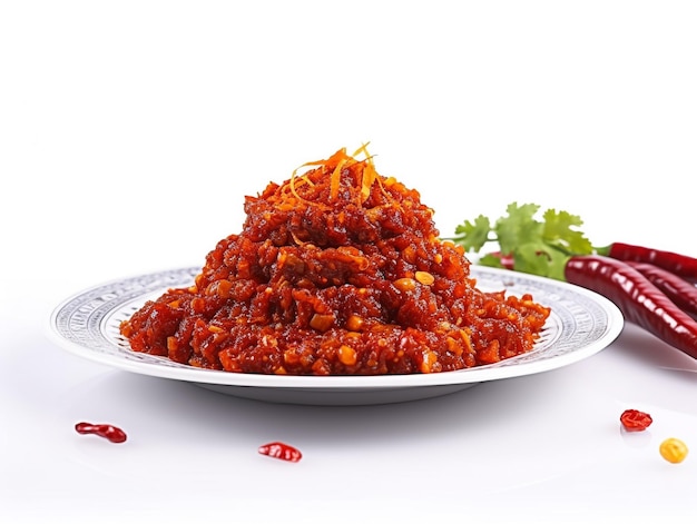 A pile of red chilli sauce on a plate