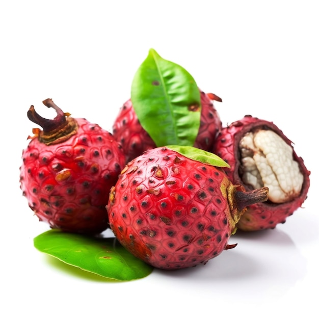 A pile of red fruit with green leaves on the top.