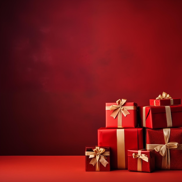 Pile of red gifts with copy space on a red background