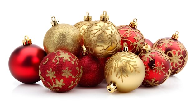 A pile of red and gold ornaments