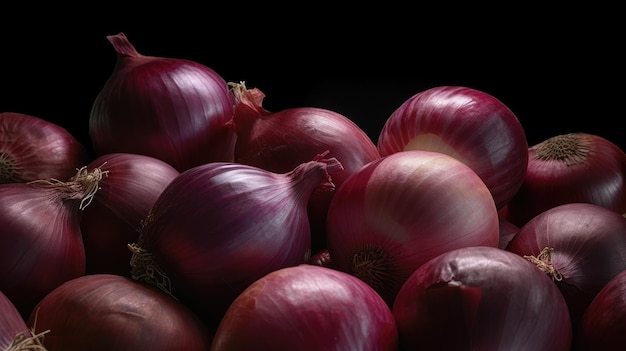 A pile of red onions on a black background