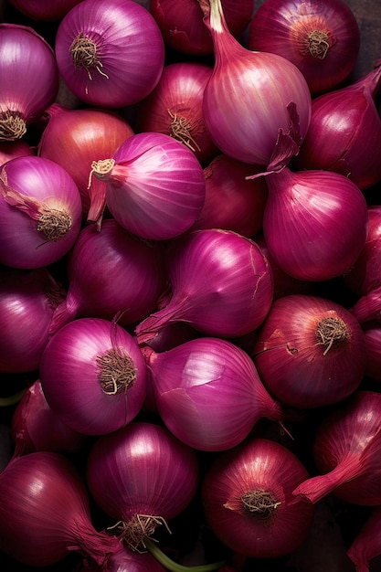 A pile of red onions with the word onion on the top