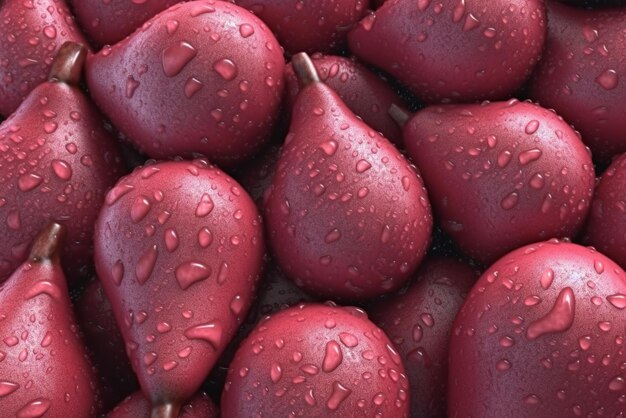 A pile of red pears with water droplets on them