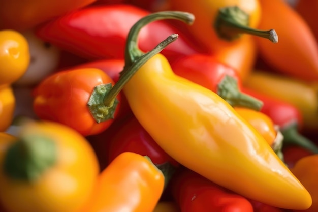 A pile of red peppers with yellow capsicum leaves.