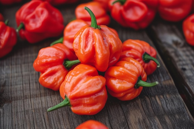 a pile of red peppers on a wooden table