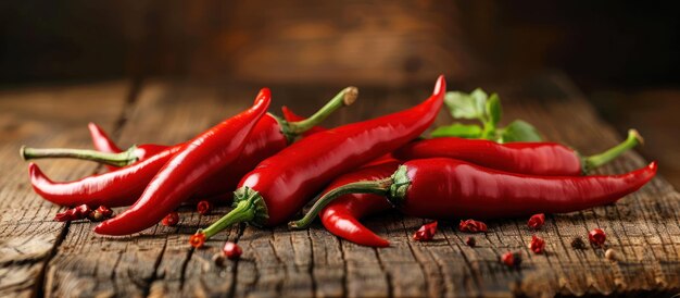 Pile of Red Peppers on Wooden Table