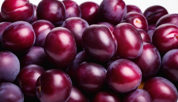 A pile of red plums on a white background