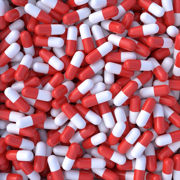 Куча красно-белых таблеток капсул Медицина и аптека концепция 3D рендеринг иллюстрация