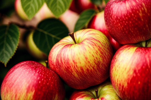 A pile of red and yellow apples with green leaves on the right.