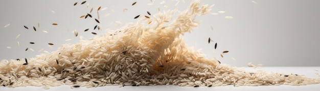 A pile of rice is falling on a white background.