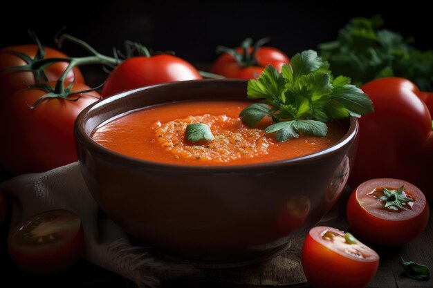 가스파초 수프 그릇에 잘 익은 즙이 많은 토마토 더미