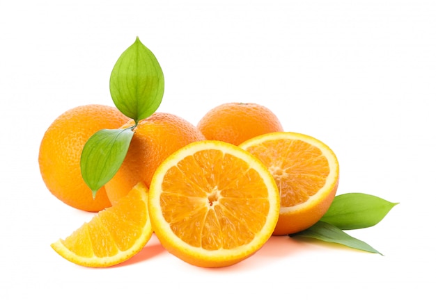 Pile of ripe oranges isolated on white. Healthy food