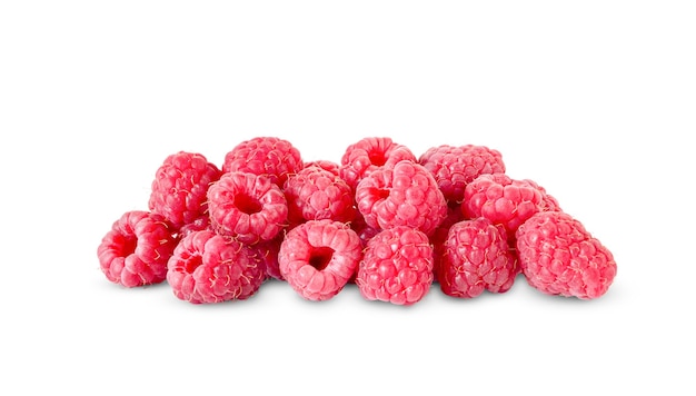 Pile of ripe raspberries isolated on white background
