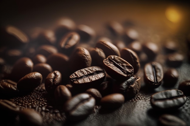 Pile of roasted coffee beans on dark background