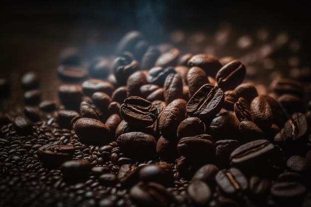 Pile of roasted coffee beans on dark background