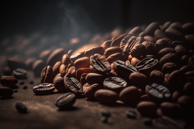 Pile of roasted coffee beans on dark background