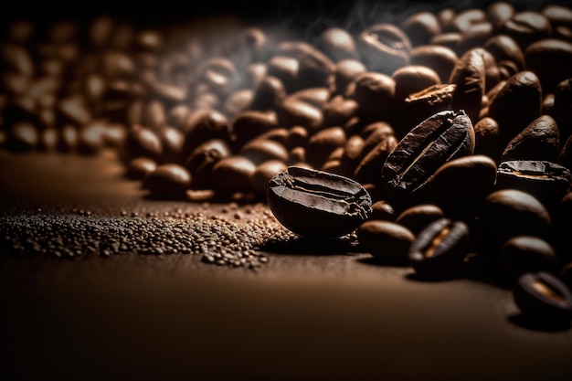 Pile of roasted coffee beans on dark background