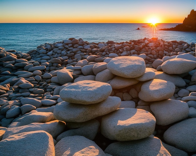 pile of rocks beautiful sunset over the sea