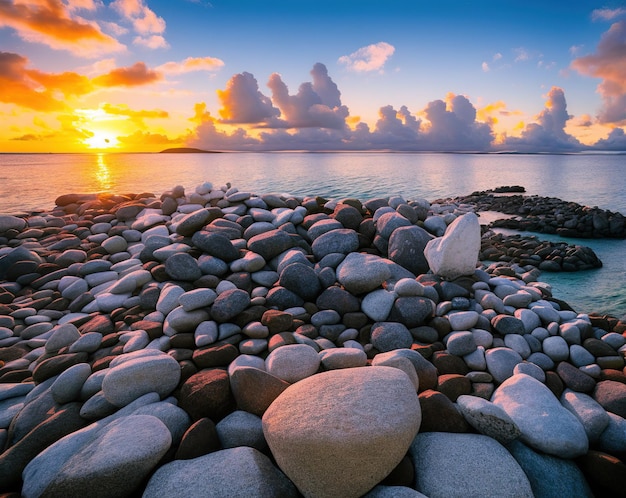 pile of rocks beautiful sunset over the sea