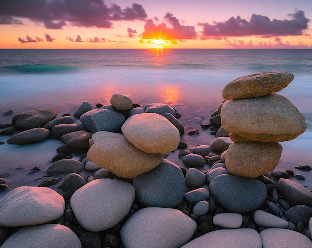 pile of rocks beautiful sunset over the sea