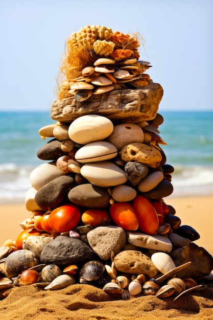 Pile of rocks and shells on beach near the ocean Generative AI