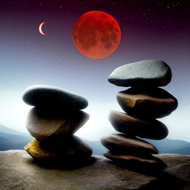 Foto un mucchio di rocce sedute sulla cima di una collina coperta di roccia sotto una luna piena e una luna piena rossa in t
