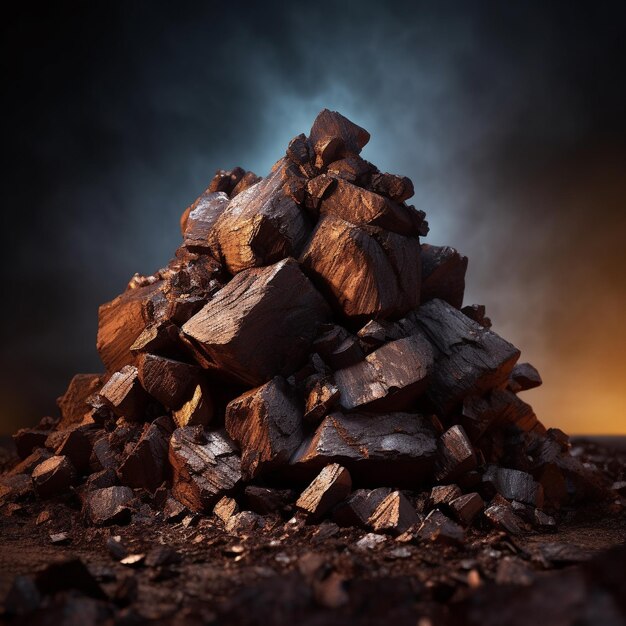 a pile of rocks with a fire in the background.