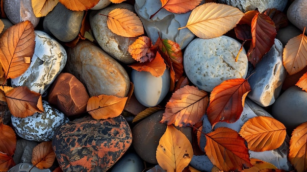 Photo a pile of rocks with leaves and rocks on them