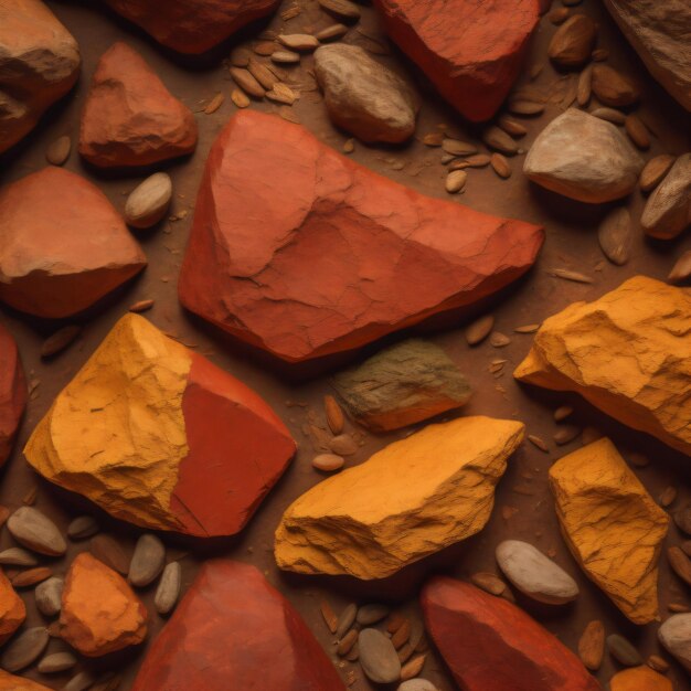 Foto un mucchio di rocce con pietre arancioni e rosse su uno sfondo marrone.