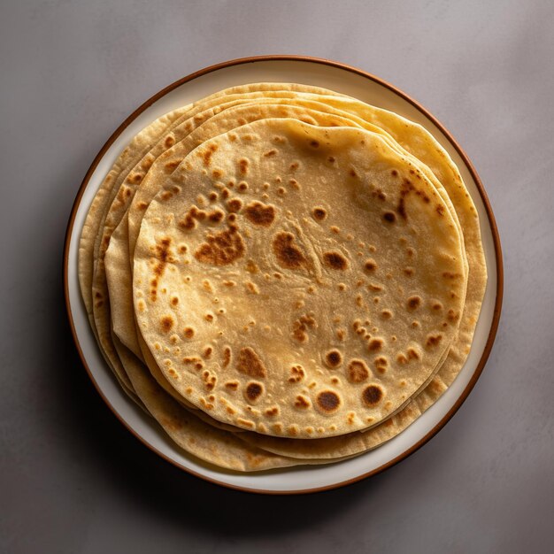 A pile of roti chapati isolated on wooden basket and wooden background