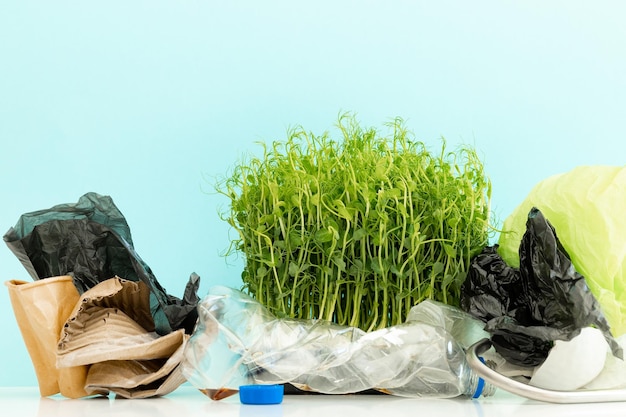 Pile of rubbish with plant isolated on blue