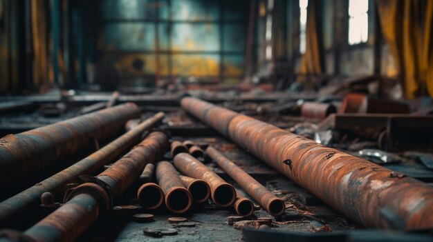 A pile of rusted pipes in a factory