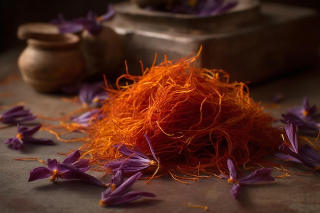 A pile of saffron orange flowers on a table.