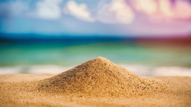 모래 어리가 배경에 바다와 함께 해변에 앉아 있습니다.