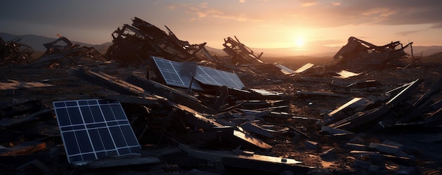 a pile of scrap metal sits in front of a pile of rubble