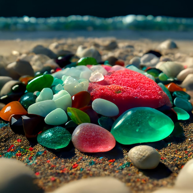 Foto mucchio di vetro del mare che si siede in cima ad un'ai generativa della spiaggia sabbiosa