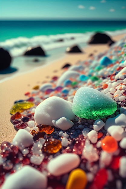 Pile of sea glass sitting on top of a sandy beach generative ai